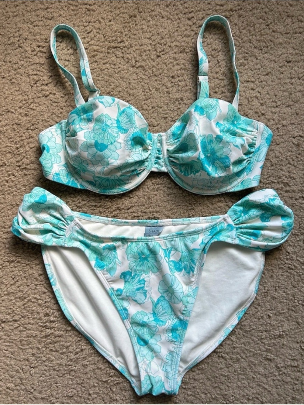 Shade & Shore Blue and White Ruched Floral Bikini Set
